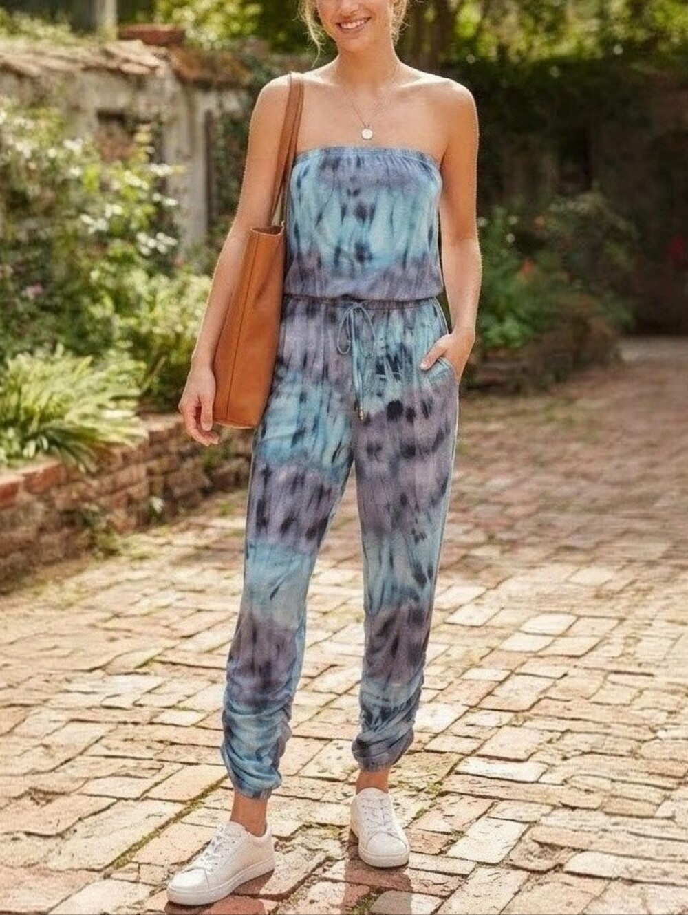 Ariella Strapless Tie-Dye Tube Jumpsuit Ruched Jogger Hem Casual Effortless SZ M
